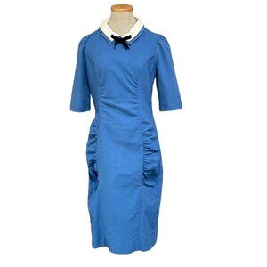 Emmy Sheath Dress Mod Retro NWT Blue White Ruched Size 10